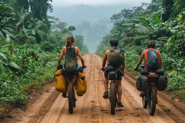 Junge Touristen, die die Welt mit dem Fahrrad bereisen Reiseziel nachhaltiges Reisen