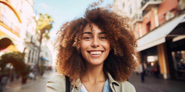 Junge, trendige, schöne Frau mit gemischter Abstammung mit Afro, die lächelt und für ein Selfie posiert