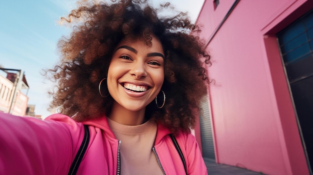 Junge, trendige, schöne Frau mit gemischter Abstammung mit Afro, die lächelt und für ein Selfie posiert