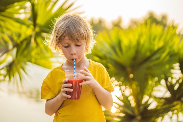 Junge trinken gesunde Smoothies vor dem Hintergrund von Palmen Wassermelonen-Smoothies Gesunde Ernährung und Vitamine für Kinder