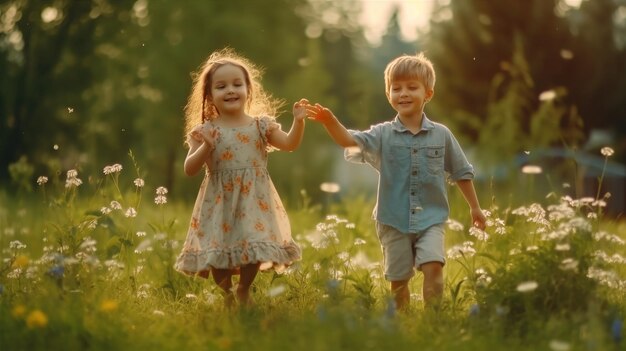 Junge und Mädchen halten sich an den Händen und laufen durch ein Blumenfeld