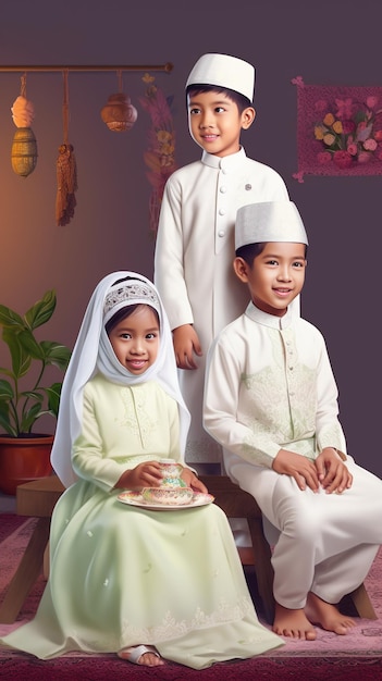 Junge und Mädchen in traditioneller Kleidung posieren für ein Foto