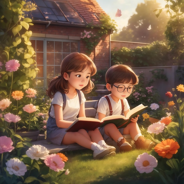Junge und Mädchen lesen ein Buch im Garten