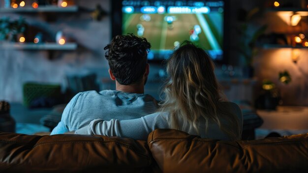 Foto junge und mädchen sitzen auf dem sofa und schauen fußball im fernsehen. ki-generiertes bild