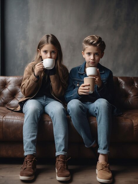 Junge und Mädchen sitzen mit Kaffee in der Hand