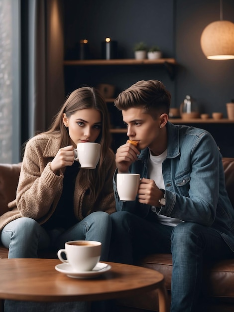 Junge und Mädchen sitzen mit Kaffee in der Hand