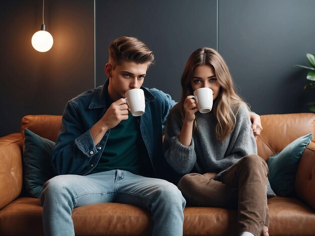 Junge und Mädchen sitzen mit Kaffee in der Hand