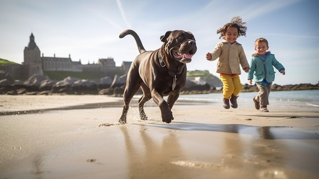 Junge und Mädchen spielen mit Hund am Seehafen Generative KI