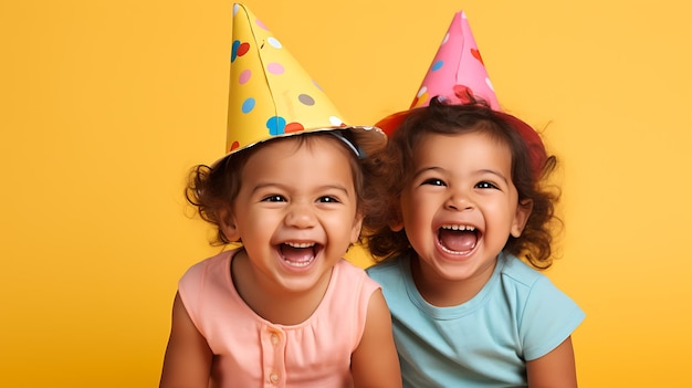 Junge und Mädchen tragen Geburtstagshüte mit fröhlichem Gesichtsausdruck auf gelbem Hintergrund, generative KI