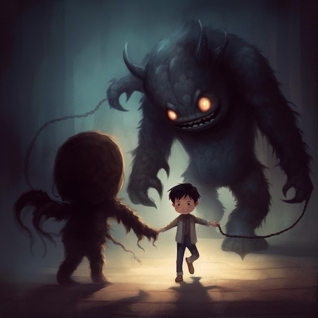 Junge und Schattenmonster Horror-Illustration