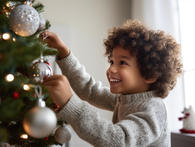 Junge und seine Mutter schmücken glücklich den Weihnachtsbaum und tragen einen Weihnachtspullover