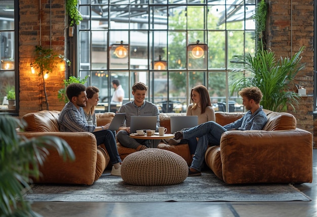 Foto junge und vielfältige gruppe von menschen, die nach der arbeit im marketingunternehmen kaffee trinken und sich entspannen