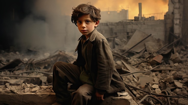 Junge unter den Trümmern von Gebäuden während des Krieges