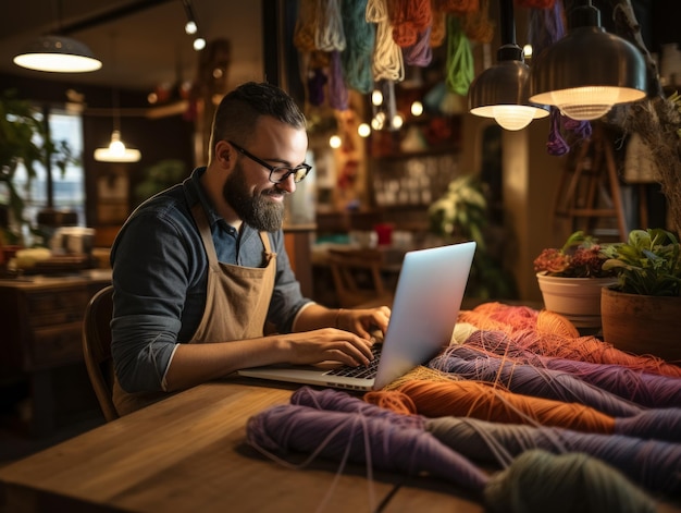 Foto junge unternehmer und modedesigner arbeitet mit einem laptop an seinem atelier für strickwaren