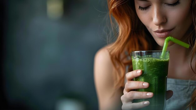 Foto junge vegane frau in der küche genießt grünen saft und smoothie, bleibt gesund, konzept, gesunder lebensstil, vegane rezepte, grüne safte, smoothie-rezepte, kochinspiration