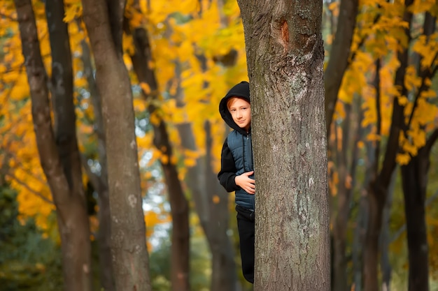 Junge versteckt sich hinter Herbstbäumen im Park.