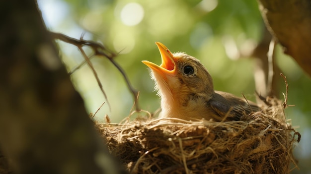 Foto junge vogel im nest mit offenem mund wartet auf nahrung