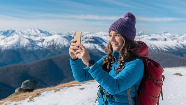 Junge Wandererin macht mit dem Smartphone ein Foto auf dem Gipfel des Berges im Winter