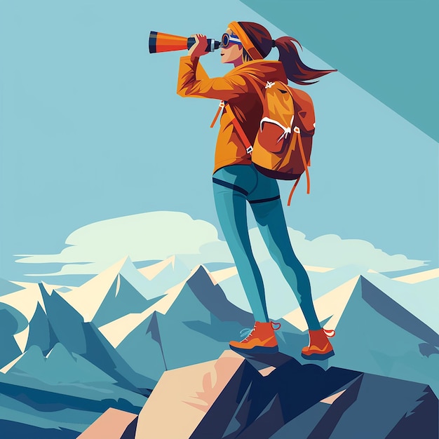 Foto junge wandererin mit rucksack und fernglas auf dem berggipfel flachbild