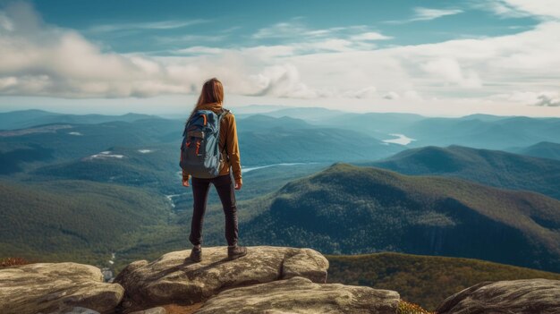 Junge Wanderin mit Rucksack steht auf dem Gipfel des Berges und genießt die Aussicht. Generative KI