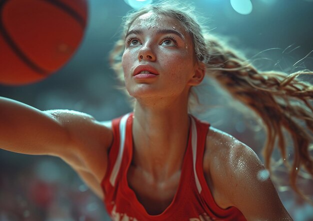 Foto junge weibliche basketballspielerin im angriff auf ein basketballspiel in roter uniform