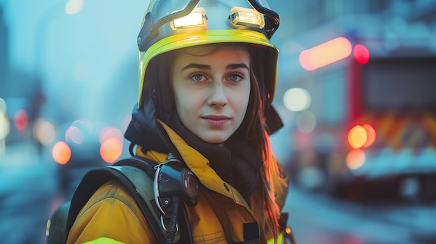 Junge weibliche Feuerwehrmannin bereit für den Dienst Porträt in städtischen Umgebungen Notfalldienste professioneller Headshot mit Fokus und Entschlossenheit mutige Feuerwehrfrau in Ausrüstung KI