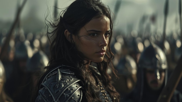 Junge weibliche Kriegerin in mittelalterlicher Rüstung steht auf einem Schlachtfeld