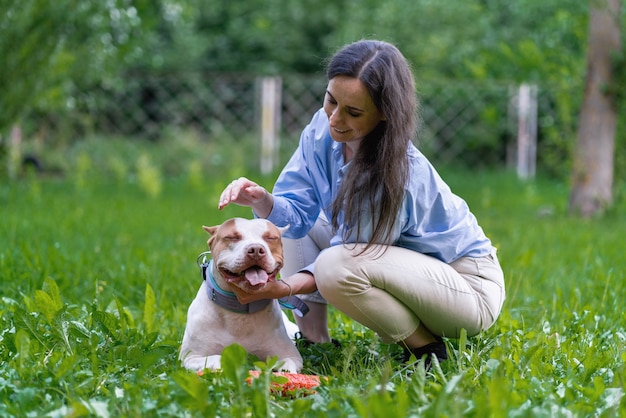 Junge weibliche Petting American Pitbull Terrier auf Gras im Park glücklicher Welpe mit offenem Mund