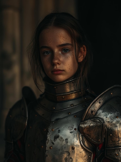 Junge weibliche Ritterin in mittelalterlicher Rüstung, die entschlossen aussieht