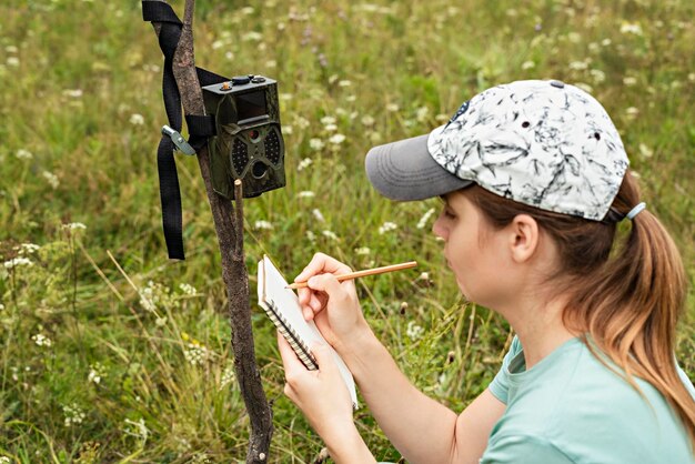 Foto junge wissenschaftlerin schreibt daten von der falle-kamera auf ein notizbuch und beobachtet seltene wilde tiere