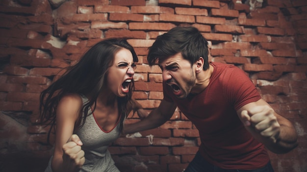 Junge wütende Männer und Frauen schreien vor einem wütenden anderen Paar