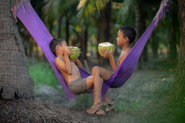 Jungen, die frischen Kokosnusssaft im Kokosnussgarten nahe dem schwimmenden Markt Damnoen Saduak, Provinz Ratchaburi fahren