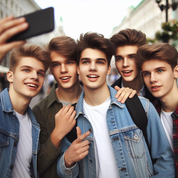 Jungen machen Selfies mitten in der Stadt