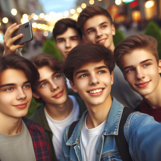 Jungen machen Selfies mitten in der Stadt