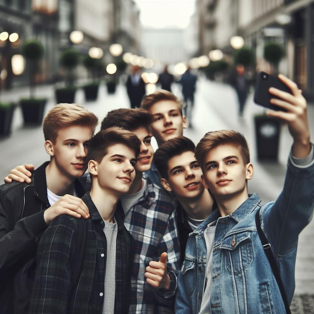 Jungen machen Selfies mitten in der Stadt