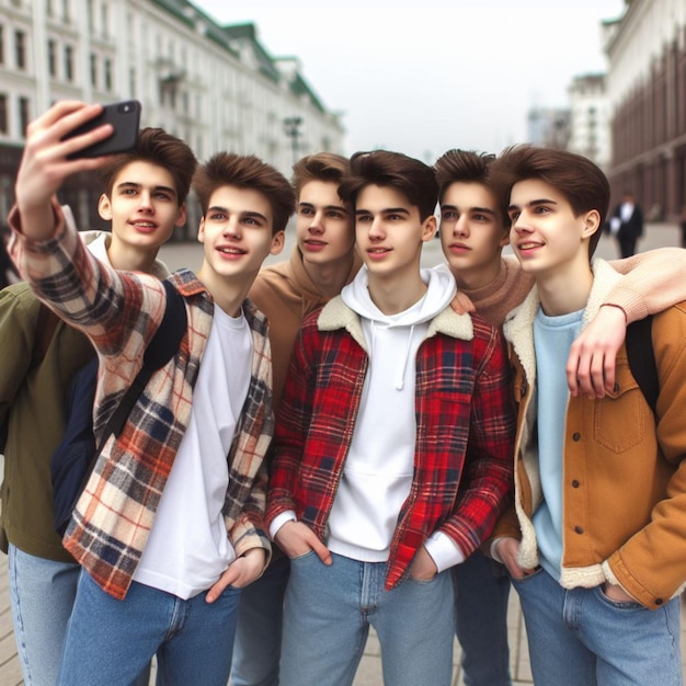 Jungen machen Selfies mitten in der Stadt