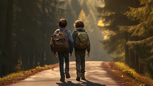 Jungen mit Rucksäcken auf einer Waldstraße