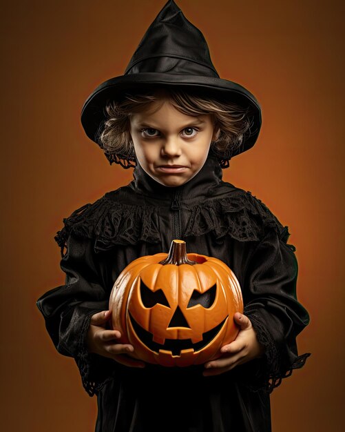 Jungen mit scharfen Augen tragen schwarze Halloween-Kleidung isoliert auf dunklem Hintergrund