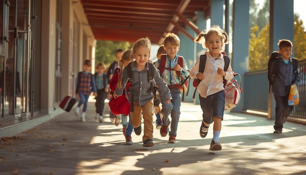 Foto jungen und mädchen, die nach der schule zurückkehren