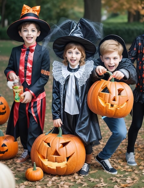 Jungen und Mädchen in Halloween-Kostümen