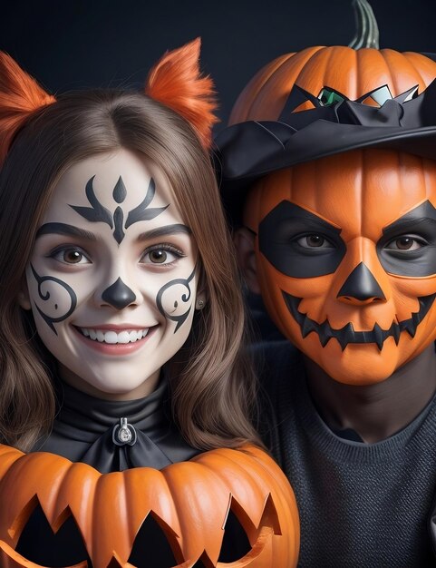 Jungen und Mädchen lächeln mit detaillierten Halloween-Masken im Gesicht