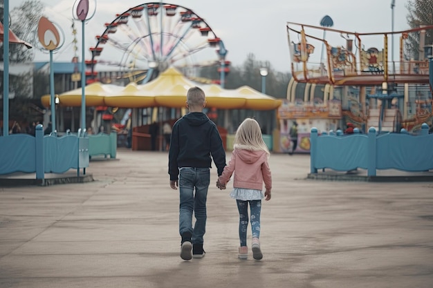 Jungen und Mädchen zu Fuß zum Vergnügungspark