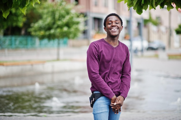 Junger afrikanisch-amerikanischer Mann in violettem Pullover posierte gegen Brunnengasse