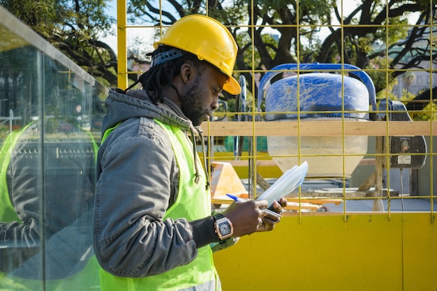 junger afrikanischer Ingenieur auf der Baustelle, der die Anweisungen und Aufgaben für den Job liest