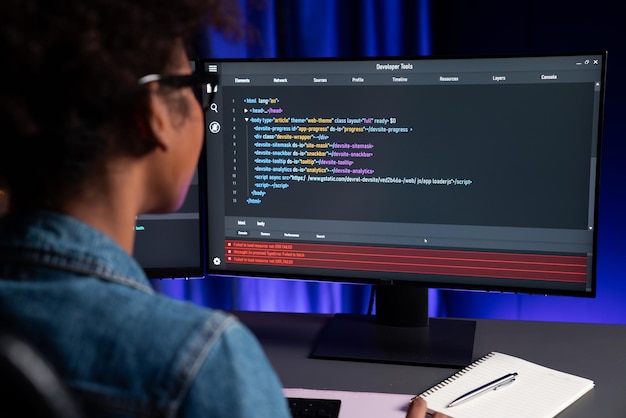 Junger afroamerikanischer IT-Entwickler konzentriert sich auf einen Laptop-Monitor mit Codierungsprogramm für Anwendungsdaten und Website. Konzept zur Erstellung einer innovativen, aktualisierten HTML-Version von Tastemaker