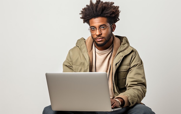 Junger afroamerikanischer Mann beschäftigt sich mit Laptop und lächelt generative KI