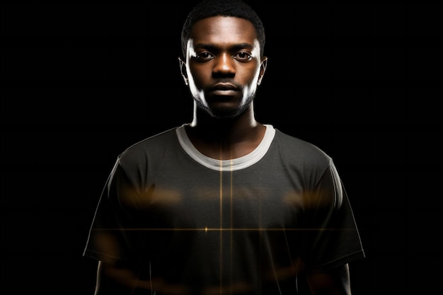Junger afroamerikanischer Mann im schwarzen T-Shirt auf schwarzem Hintergrund