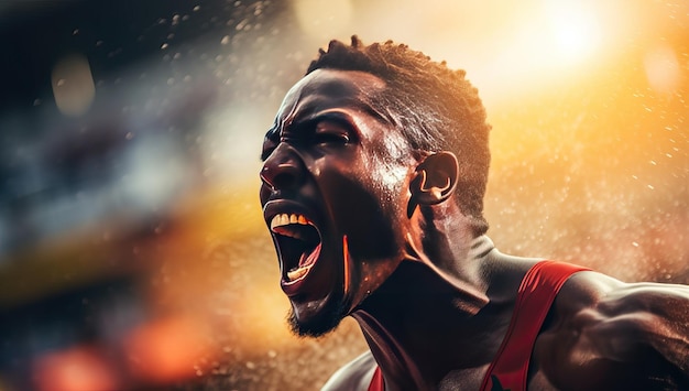 Junger afroamerikanischer Sportler schreit im Regen Sportkonzept