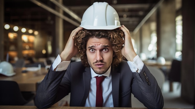 Foto junger architekt mit schutzhelm zeigt bei der arbeit im büro anzeichen von angst