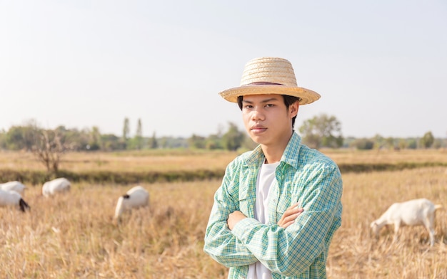 Junger asiatischer Bauernmann, der mit den Armen verschränkte verwischte Ziegen steht, die Gras im Feld essen, kluges Bauernkonzept